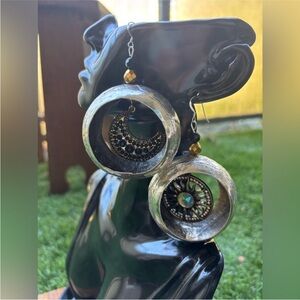 Hand Crafted Repurposed Vintage Artisan Elephant Motif Hoop Earrings •Sun & Moon